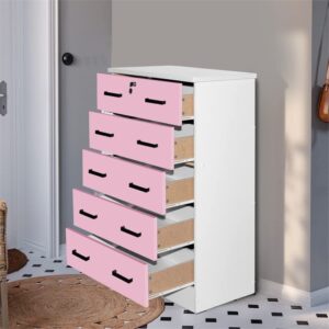 Better Home Products Cindy 5 Drawer Chest Wooden Dresser with Lock in Pink