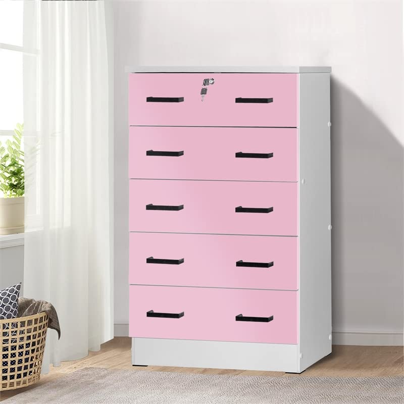 Better Home Products Cindy 5 Drawer Chest Wooden Dresser with Lock in Pink