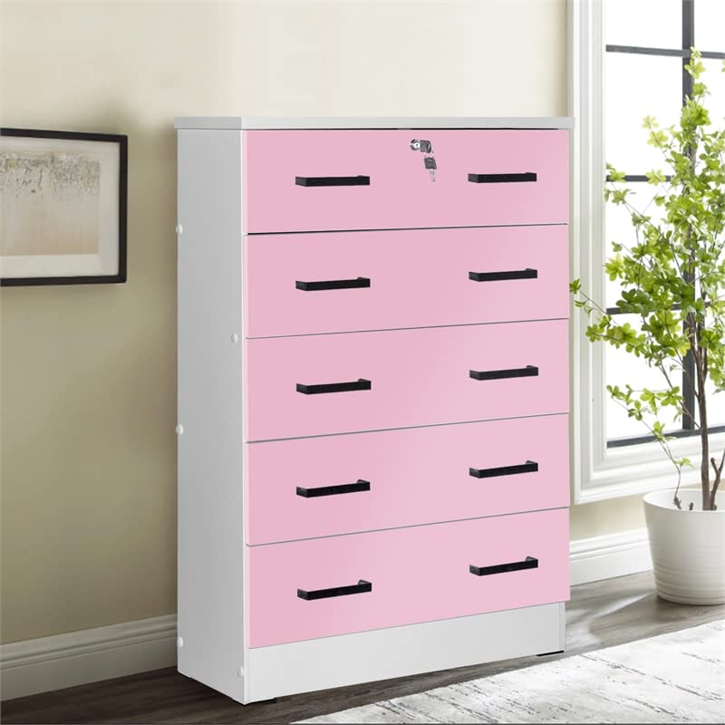 Better Home Products Cindy 5 Drawer Chest Wooden Dresser with Lock in Pink