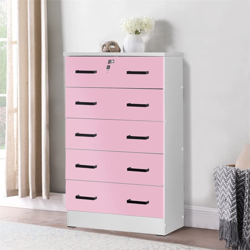 Better Home Products Cindy 5 Drawer Chest Wooden Dresser with Lock in Pink