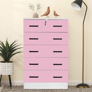 Better Home Products Cindy 5 Drawer Chest Wooden Dresser with Lock in Pink