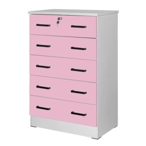 Better Home Products Cindy 5 Drawer Chest Wooden Dresser with Lock in Pink