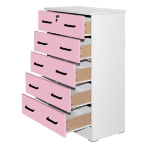 Better Home Products Cindy 5 Drawer Chest Wooden Dresser with Lock in Pink