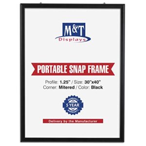 m&t displays portable snap poster frame 30x40 inch black 1.25" aluminum profile front loading wall mounting photo picture document certificate sign holder mitered corner anti glare cover