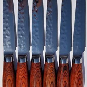 D&G Dinner Steak Knives - Non Serrated - Hammered Japanese High Carbon 7CR17 Stainless Steel - Set of 6