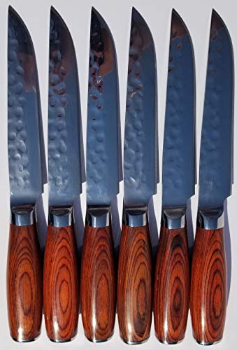 D&G Dinner Steak Knives - Non Serrated - Hammered Japanese High Carbon 7CR17 Stainless Steel - Set of 6