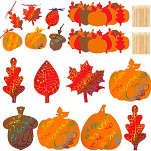whaline 60 pack fall harvest rainbow scratch art set colorful scratch paper pumpkin autumn leaves acorn pattern with 60pcs ribbons and 15pcs wooden styluses for thanksgiving birthday party decor