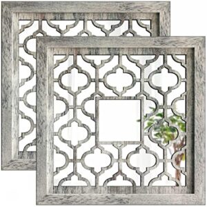 qmdecor square rustic distressed white framed wall decorative mirror 12x12 inches modern diy fashion mdf wood material wall-mounted mirrors set of 2 pieces