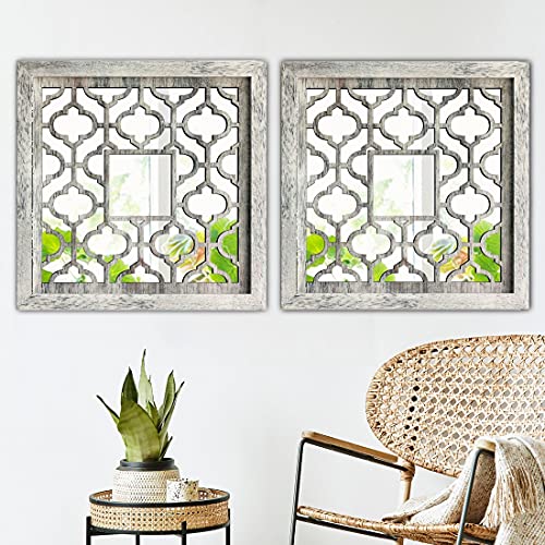 qmdecor Square Rustic Distressed White Framed Wall Decorative Mirror 12x12 inches Modern DIY Fashion MDF Wood Material Wall-Mounted Mirrors Set of 2 Pieces