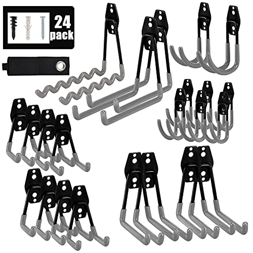 AOBEN Garage Hooks,24PCS Heavy Duty Garage Hanger Organizer Anti-Slip Double Wall Garage Storage Hooks for Ladder, Power Tool,Bike,Ropes (23 Hooks & 1 hoder Strap)-Gery