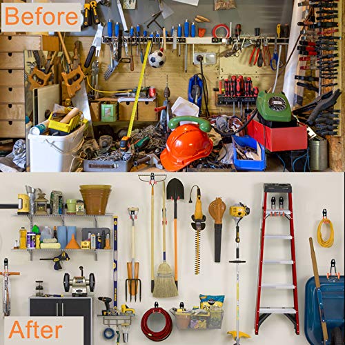 AOBEN Garage Hooks,24PCS Heavy Duty Garage Hanger Organizer Anti-Slip Double Wall Garage Storage Hooks for Ladder, Power Tool,Bike,Ropes (23 Hooks & 1 hoder Strap)-Gery