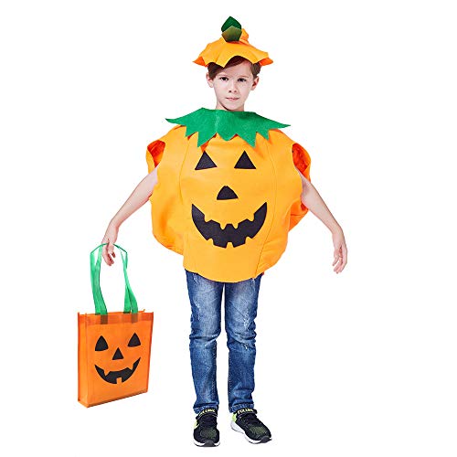 Halloween Kids Pumpkin Costume, 3 PCS Pumpkin Cosplay Set For Boys Girls Included Pumpkin Tote Bag（9.8 x 11.8 inch)