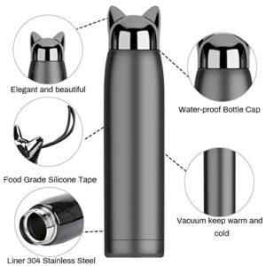 Cute Cat Water Bottle, Jhua Stainless Steel Insulated Water Bottles Vacuum Travel Coffee Mug for Kids Girls Women Leak-proof Cat Insulated Water Bottle, 320 ml/10.8 oz