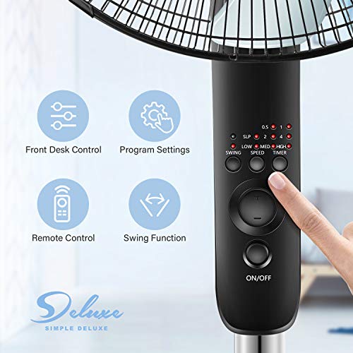 Simple Deluxe Oscillating 16″ Adjustable 3 Speed Pedestal Stand Fan with Remote Control for Indoor, Bedroom, Living Room, Home Office & College Dorm Use, 16 Inch, Black