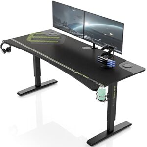 eureka ergonomic 63 inch large manual height adjustable gaming computer desk, home office studio table dual 3 monitor curved edge gifts 60 + w/full desk mouse pad controller stand cup headset holder