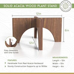 Plant Stand Mid Century Wood - Wooden Stool Riser For Indoor Plant, Natural Acacia Planter Base - Fits 8 To 12-Inch Diameter - Modern Minimalist Pot Holder Stands (Pot Not Included) - Flat Arch Design