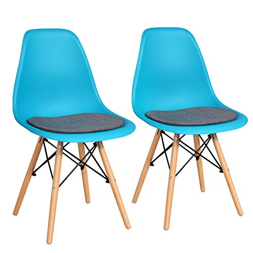 Giantex Dining DSW Chairs with Linen Cushion, Modern Mid Century Shell Chairs w/Wood Legs, Removable Fabric Upholstered Seat, Armless Side Chairs for Dining Room Living Room Kitchen (2, Blue)