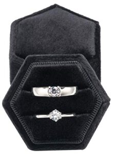 premium velvet ring bearer box for proposal engagement wedding ceremony - hexagon vintage double ring display holder with detachable lid (black)