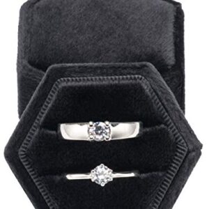 Premium Velvet Ring Bearer Box for Proposal Engagement Wedding Ceremony - Hexagon Vintage Double Ring Display Holder with Detachable Lid (Black)