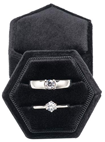 Premium Velvet Ring Bearer Box for Proposal Engagement Wedding Ceremony - Hexagon Vintage Double Ring Display Holder with Detachable Lid (Black)