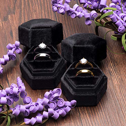 Premium Velvet Ring Bearer Box for Proposal Engagement Wedding Ceremony - Hexagon Vintage Double Ring Display Holder with Detachable Lid (Black)