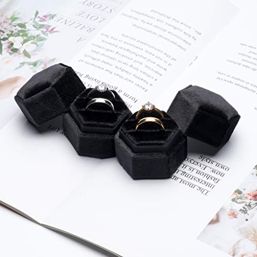 Premium Velvet Ring Bearer Box for Proposal Engagement Wedding Ceremony - Hexagon Vintage Double Ring Display Holder with Detachable Lid (Black)