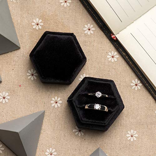 Premium Velvet Ring Bearer Box for Proposal Engagement Wedding Ceremony - Hexagon Vintage Double Ring Display Holder with Detachable Lid (Black)