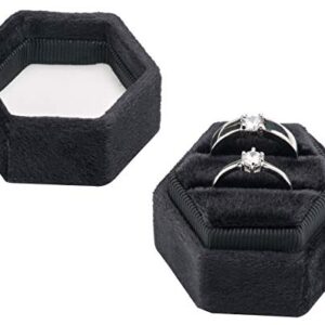 Premium Velvet Ring Bearer Box for Proposal Engagement Wedding Ceremony - Hexagon Vintage Double Ring Display Holder with Detachable Lid (Black)