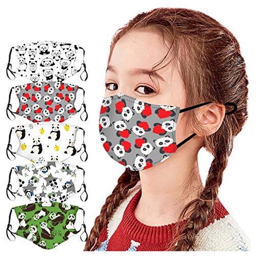 Mallocat 5PC Kids Face_Masks Cartoon Panda Print Resuable Washable Adjustable Breathable Cotton Face Covring Coverings Bandanas for Children Back to School