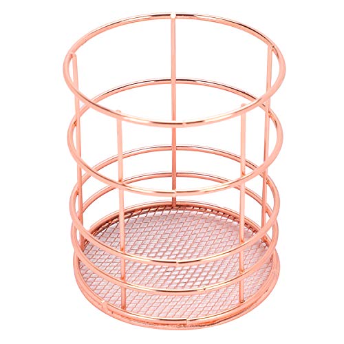 Rose Gold Pencil Holder Wire Metal Desktop Pen Cup Pot Decorative Round Marker Pens Container Basket Multi-Functional Desk Stationery Storage Box Home Office School Supplies