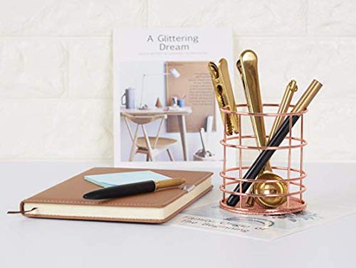 Rose Gold Pencil Holder Wire Metal Desktop Pen Cup Pot Decorative Round Marker Pens Container Basket Multi-Functional Desk Stationery Storage Box Home Office School Supplies