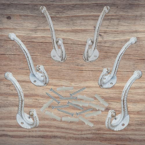 YMAISS 6 Sets Rustic White Cast Iron Hooks Wall Mounted HooksAntique Old Shabby Chic Cast Iron Hooks,Vintage Inspired Coats, Bags, Hats, Towels,Matching Screws Included