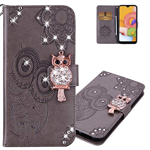 LEMAXELERS Redmi Note 9 Case Owl Pattern Glitter Sparkly Gems Shockproof PU Leather Wallet Cover Flip Stand Card Slots Magnetic Silicone Bumper Folio Case for Xiaomi Redmi Note 9 Gray YK