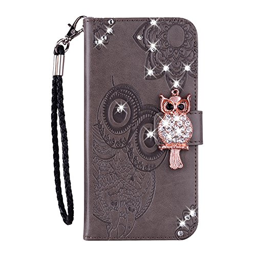 LEMAXELERS Redmi Note 9 Case Owl Pattern Glitter Sparkly Gems Shockproof PU Leather Wallet Cover Flip Stand Card Slots Magnetic Silicone Bumper Folio Case for Xiaomi Redmi Note 9 Gray YK