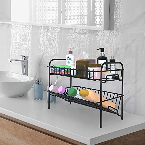 HengLiSam Spice Racks Organizer for Countertop, 2 Tier Counter Shelf Standing Holder Storage for Kitchen Cabinet Pantry Bathroom Office, Black