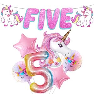 katchon, unicorn 5th birthday decorations girl - glitter five banner, number 5 balloon 40 inch | giant unicorn balloons, 43 inch | unicorn decorations for birthday party | unicorn party decorations