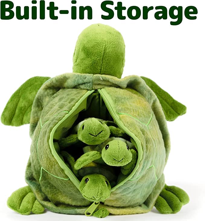 PREXTEX Plush Turtle Toys Stuffed Animal w/ 3 Turtle Baby Stuffed Animals - Big Turtle Zippers 3 Little Plush Baby Turtles - Turtle Plush Toys for Kids 3-5 - Turtle Toy - Great Gift for Turtle Lovers