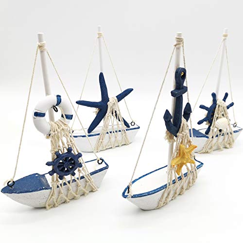 TIHOOD 4PCS Mini Sailboat Model Decoration Wooden Miniature Sailing Boat Home Decor Set, Beach Nautical Design, Navy Blue and White, 4.4 x 6.8 Inch