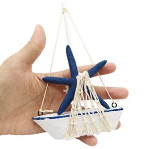 TIHOOD 4PCS Mini Sailboat Model Decoration Wooden Miniature Sailing Boat Home Decor Set, Beach Nautical Design, Navy Blue and White, 4.4 x 6.8 Inch