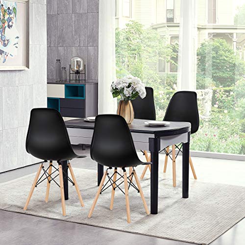 GOFLAME DSW Dining Chairs, Shell Plastic Chairs with Wood Legs, Modern Style Armless Chairs for Living Room Kitchen Bedroom, Eiffel DSW Style Side Chairs with Ergonomic Backrest Set of 2, Black