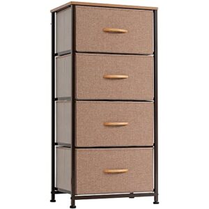 dhmaker vertical dresser storage tower, steel frame, wood top, easy pull textured fabric bins - organizer unit for bedroom, hallway, entryway, closets - 4 drawers- camel