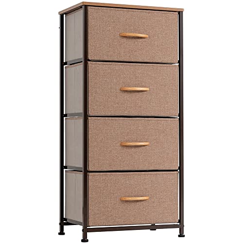 DHMAKER Vertical Dresser Storage Tower, Steel Frame, Wood Top, Easy Pull Textured Fabric Bins - Organizer Unit for Bedroom, Hallway, Entryway, Closets - 4 Drawers- CAMEL