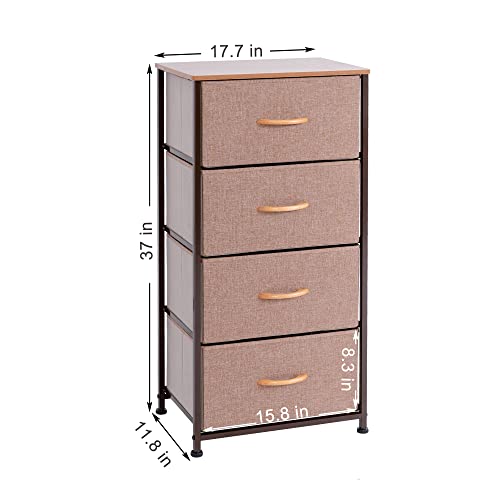 DHMAKER Vertical Dresser Storage Tower, Steel Frame, Wood Top, Easy Pull Textured Fabric Bins - Organizer Unit for Bedroom, Hallway, Entryway, Closets - 4 Drawers- CAMEL