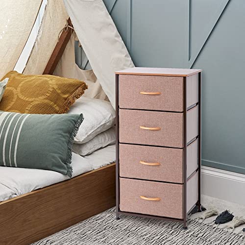 DHMAKER Vertical Dresser Storage Tower, Steel Frame, Wood Top, Easy Pull Textured Fabric Bins - Organizer Unit for Bedroom, Hallway, Entryway, Closets - 4 Drawers- CAMEL