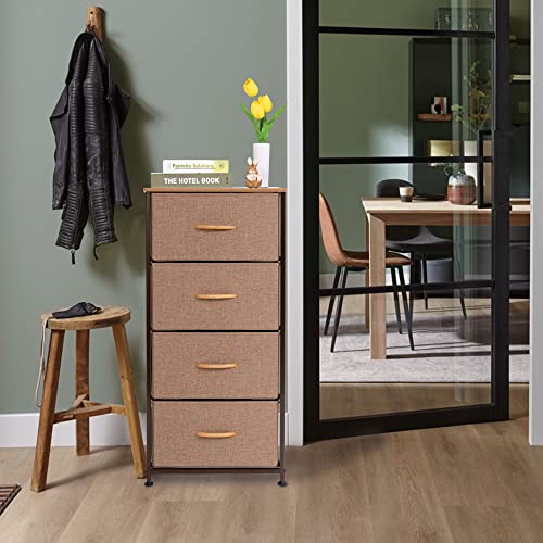 DHMAKER Vertical Dresser Storage Tower, Steel Frame, Wood Top, Easy Pull Textured Fabric Bins - Organizer Unit for Bedroom, Hallway, Entryway, Closets - 4 Drawers- CAMEL