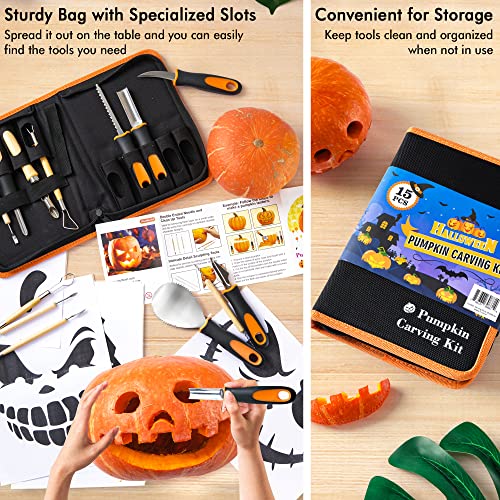 25 PCS Halloween Pumpkin Carving Kit, Shuttle Art 15 PCS Professional Premium Quality Stainless Steel Pumpkin Carving Tools with 10 Pumpkin Stencils Carrying Case for Kids Adults Sculpting and Carving