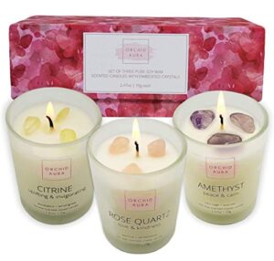 orchid aura soy candles with healing crystals. citrine, rose quartz, amethyst crystal. eucalyptus + lemongrass, jasmine + sandalwood, clary sage + lavender. 3pc scented candle set, 2.47oz each