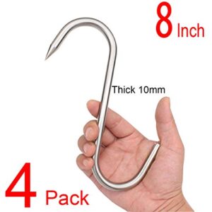 Alele 8 Inch Meat Hook 10mm Heavy Duty Stainless Steel Butcher Hooks for Hanging Beef (Meat Hook 10mm 8inch 4p)