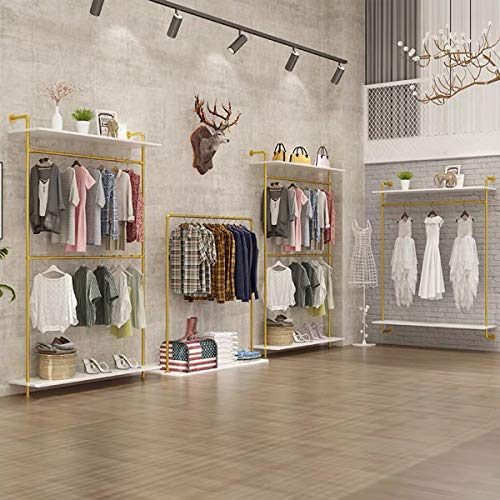 MDEPYCO Modern Simple Industrial Pipe Double Hanging Rods Clothing Rack,Retail Display Wall Mounted Storage Clothes Hanging Shelf,2 Tier Wood Garment Rack (One Shelves,Gold, 47.2" L)