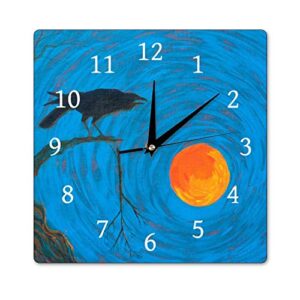 yyone accurate silent non ticking battery operated wooden decorative wall clock for office living room bedroom 12inch crow raven moon square wooden wall clock